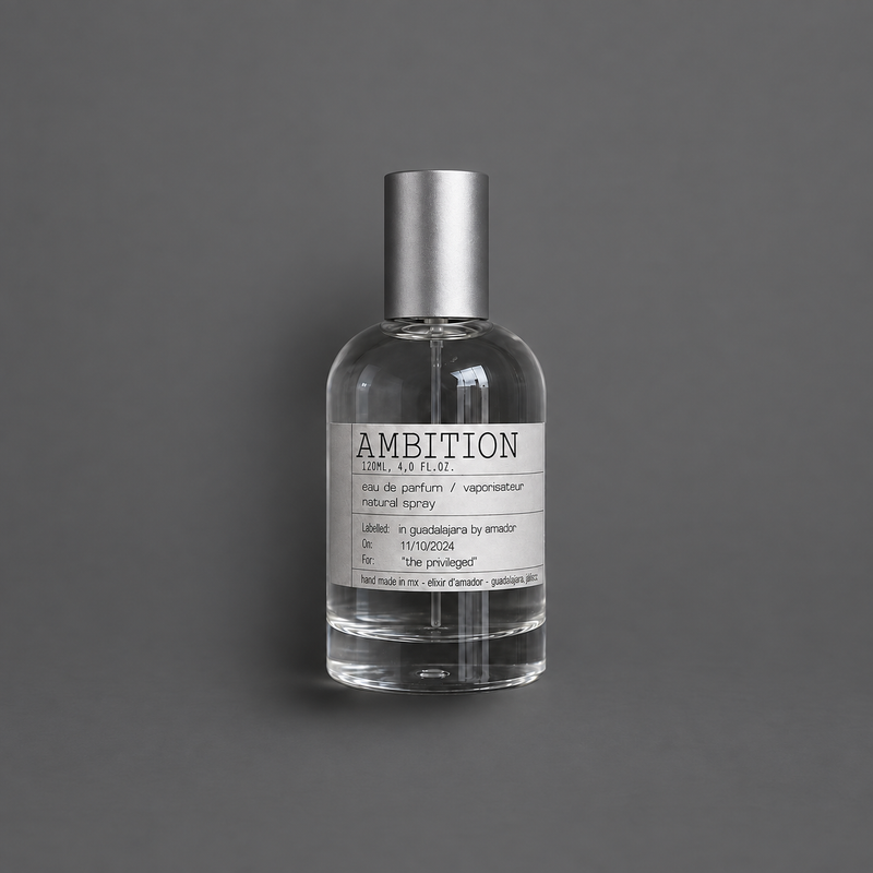 Ambition de Elixir Amador: frasco cilíndrico de 120 ml sobre fondo gris.