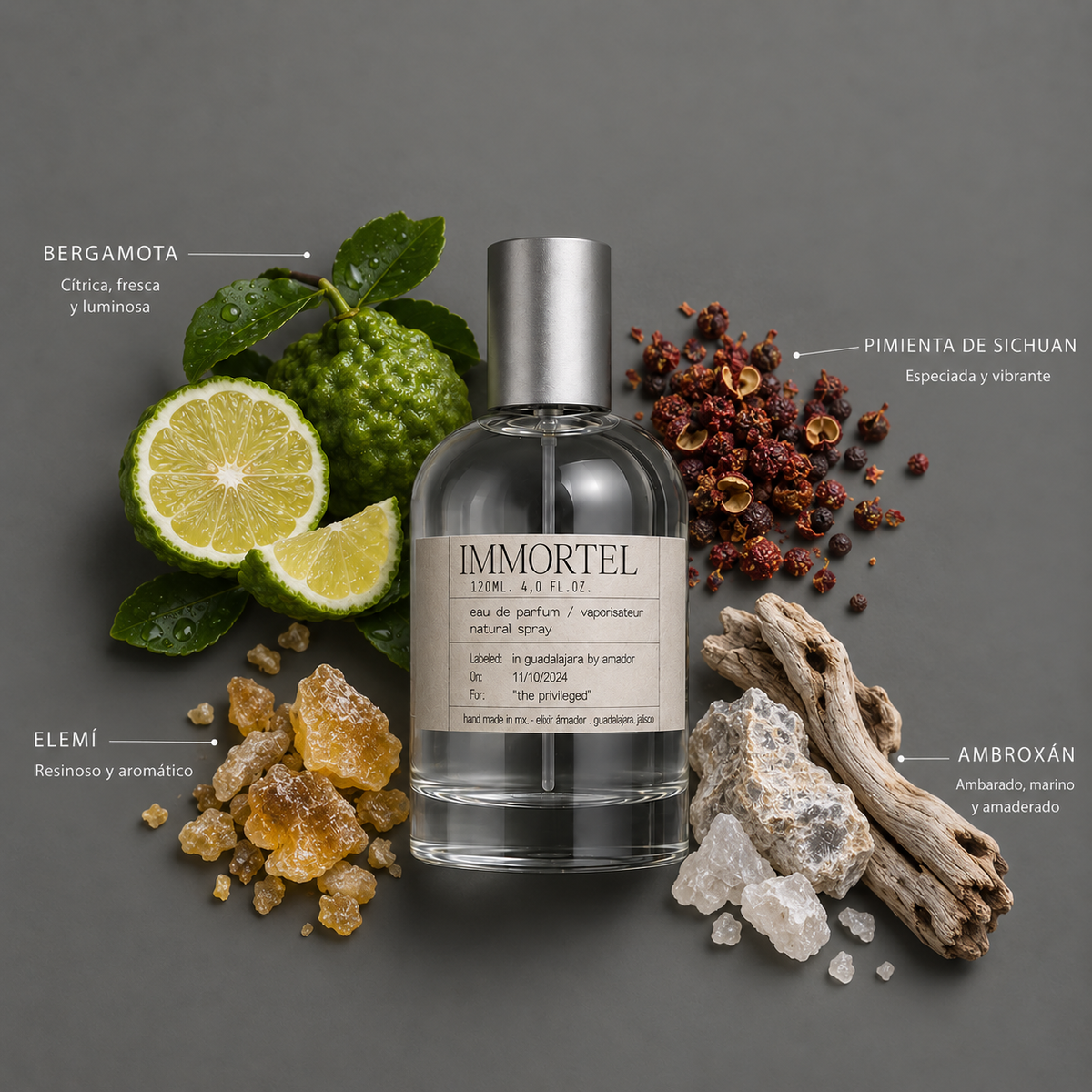 Immortel de Elixir Amador: frasco de 120 ml con la composición aromática ilustrada.