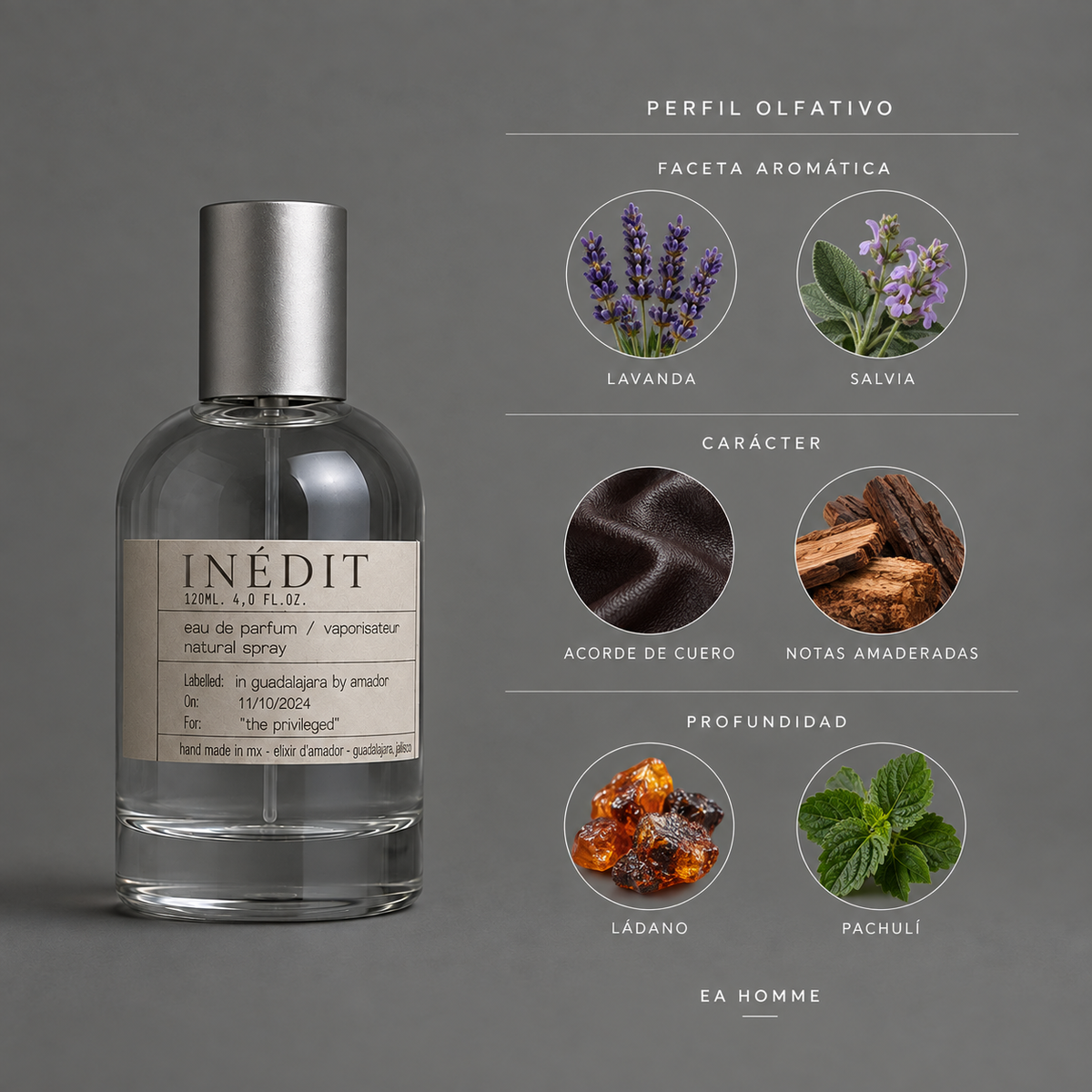 Inédit de Elixir Amador: infografía de notas olfativas.