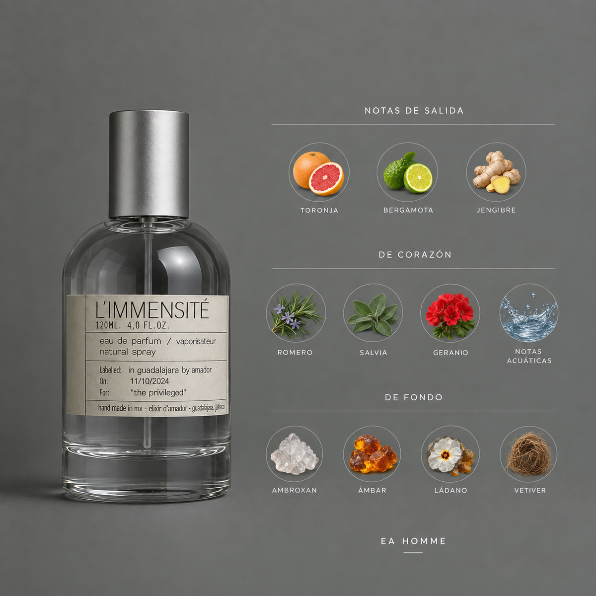L’Immensité de Elixir Amador: infografía de notas olfativas.
