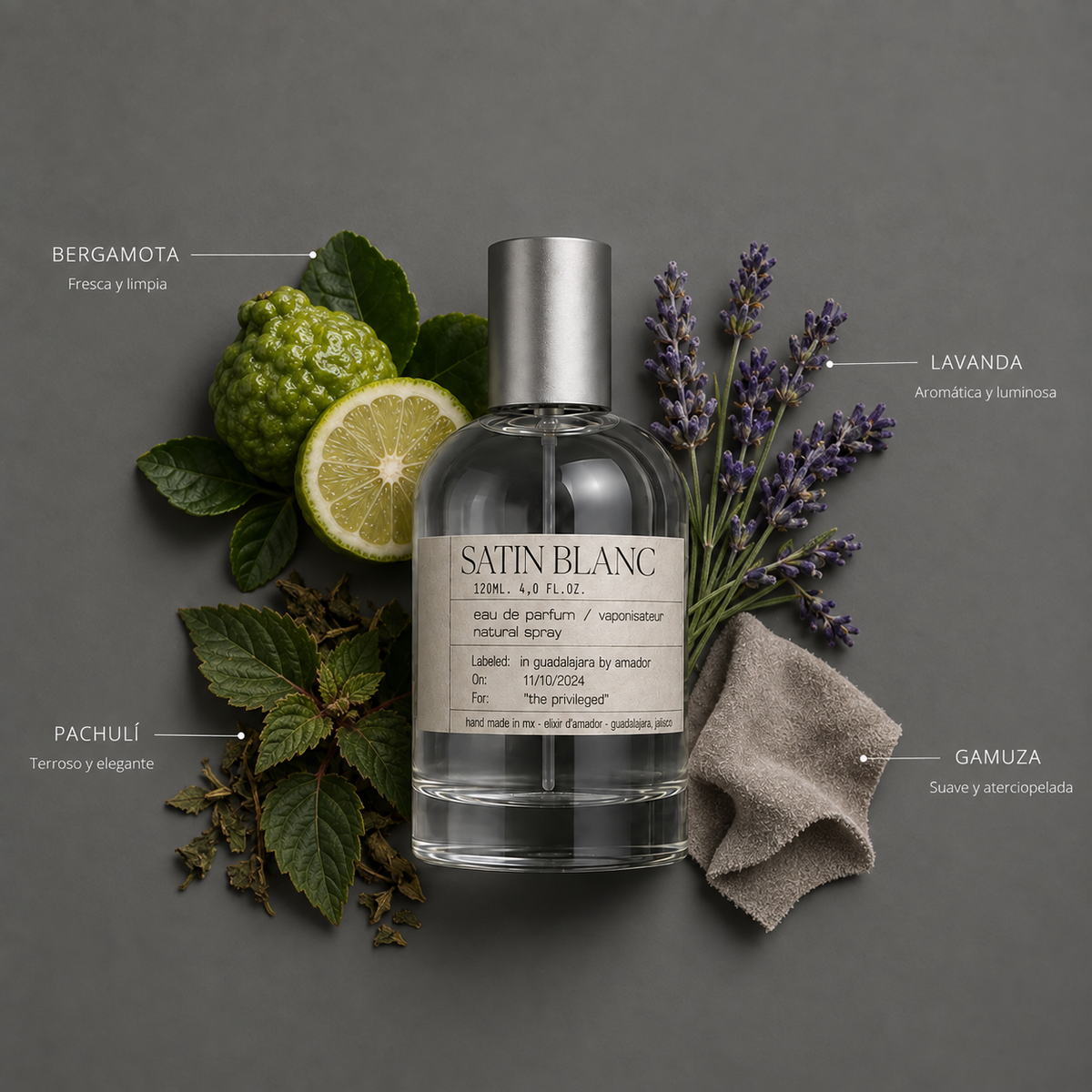 Satin Blanc de Elixir Amador: frasco de 120 ml con la composición aromática ilustrada.