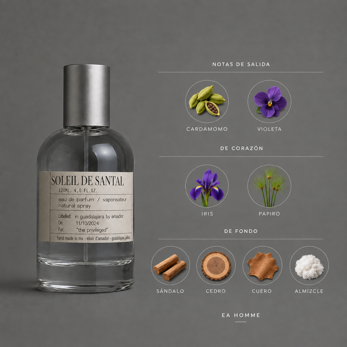 Soleil de Santal de Elixir Amador: infografía de notas olfativas.