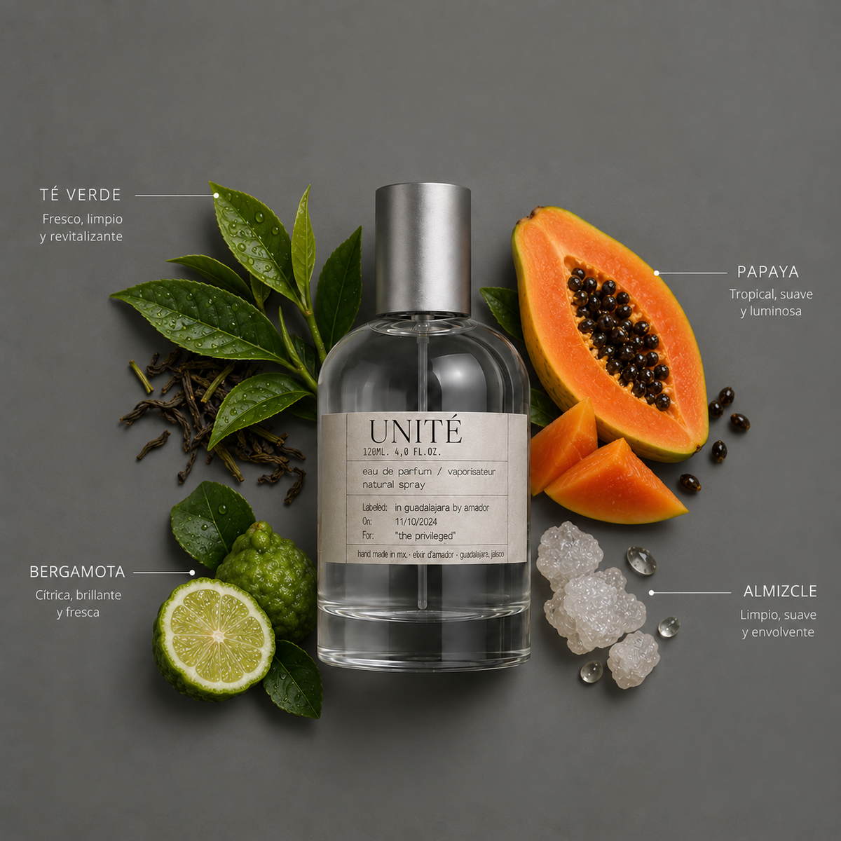 Unité de Elixir Amador: frasco de 120 ml con la composición aromática ilustrada.