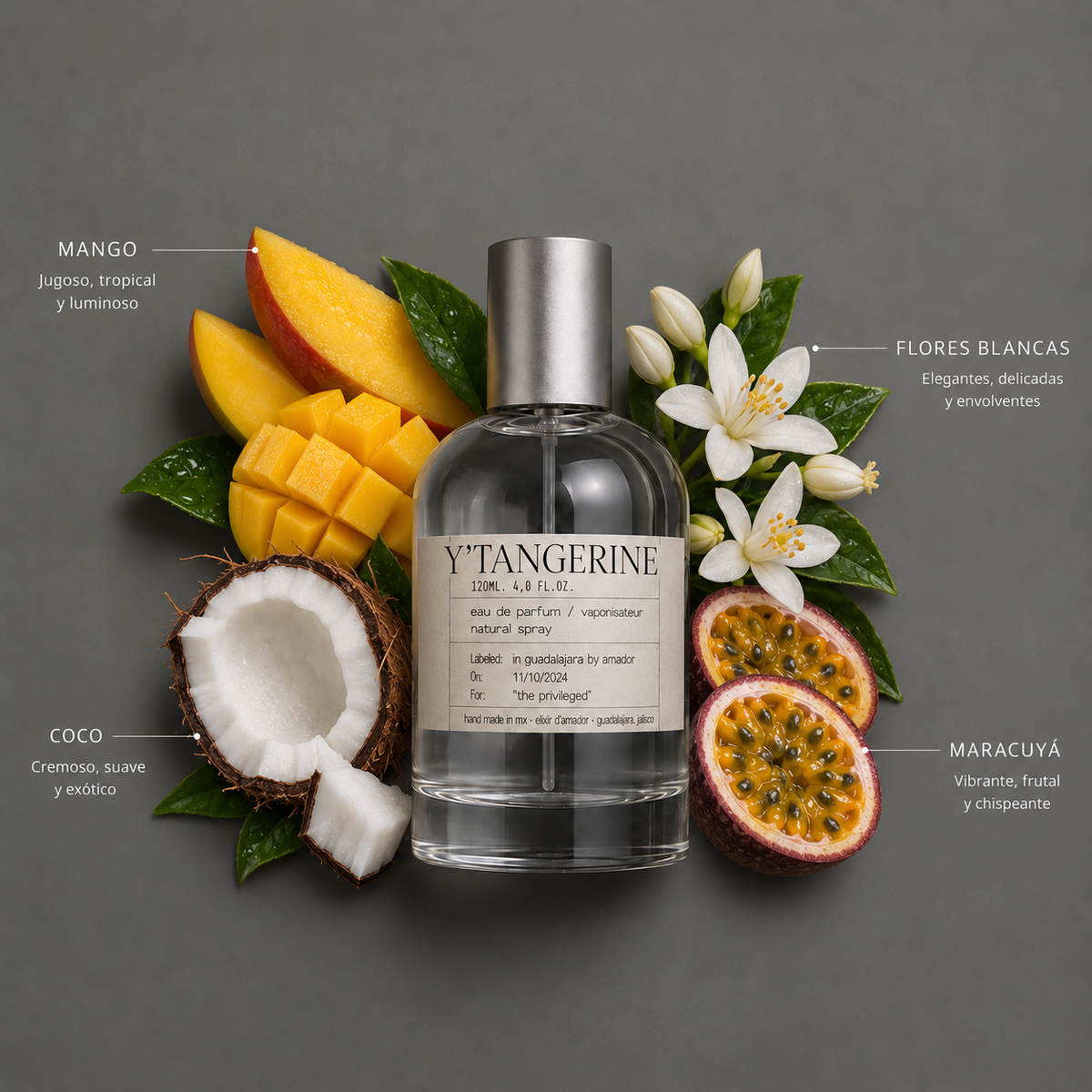 Y’ Tangerine de Elixir Amador: frasco de 120 ml con la composición aromática ilustrada.