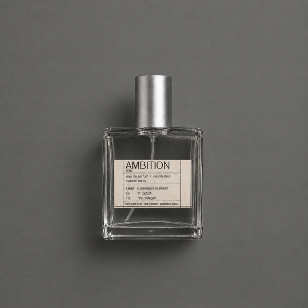 Ambition de Elixir Amador: frasco cuadrado de 60 ml sobre fondo gris.