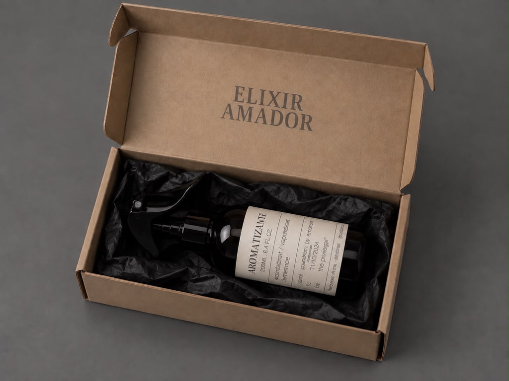 Aromatizante ambiental Élixir Amador dentro de su caja de presentación