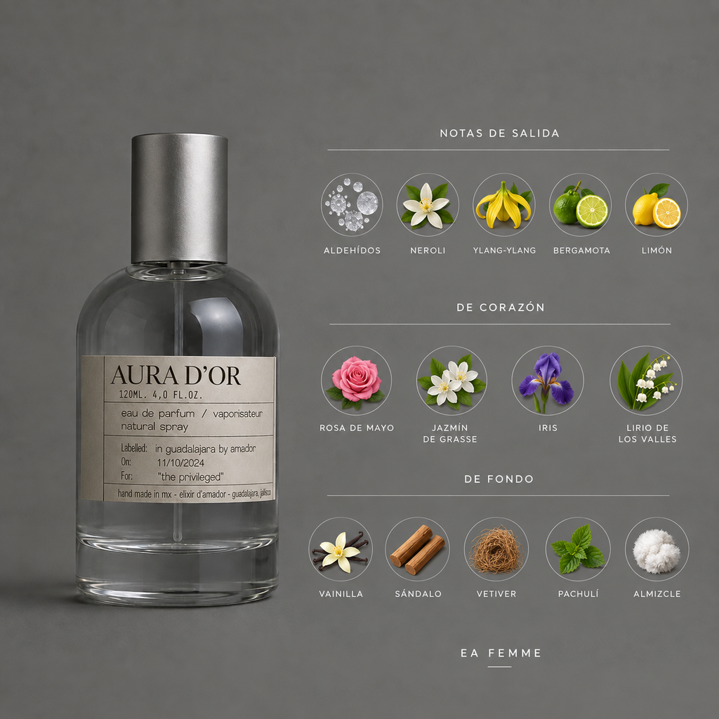 Aura d’Or de Elixir Amador: infografía de notas olfativas.