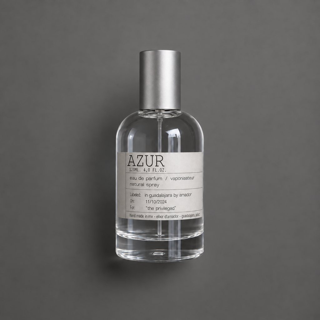 Azur de Elixir Amador: frasco cilíndrico de 120 ml sobre fondo gris.