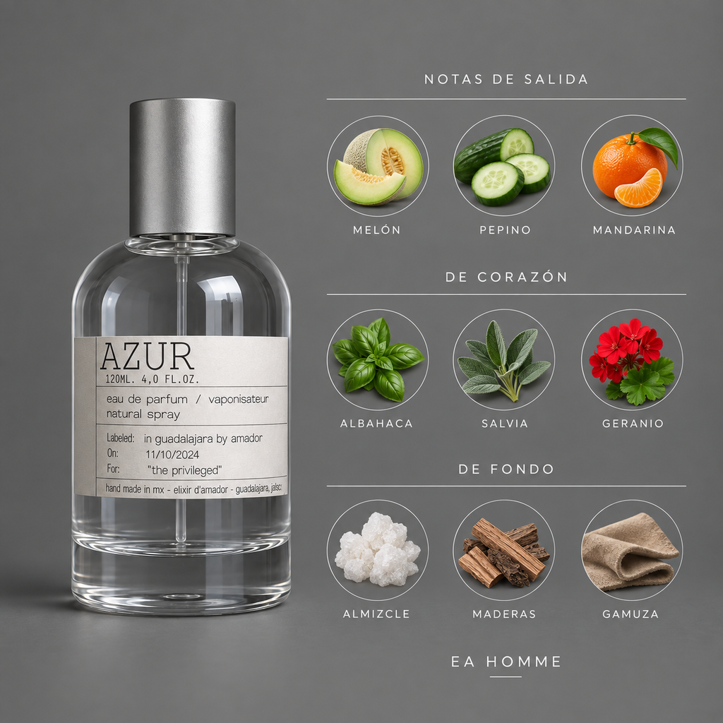 Azur de Elixir Amador: infografía de notas olfativas.