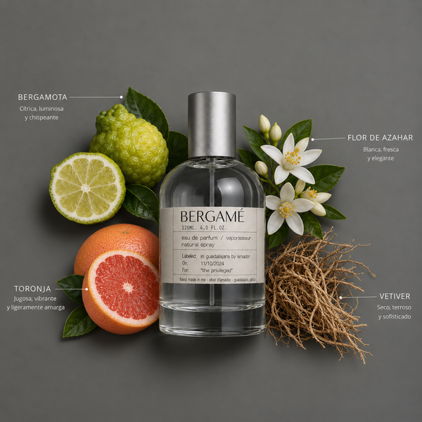 Bergamé de Elixir Amador: frasco de 120 ml con la composición aromática ilustrada.