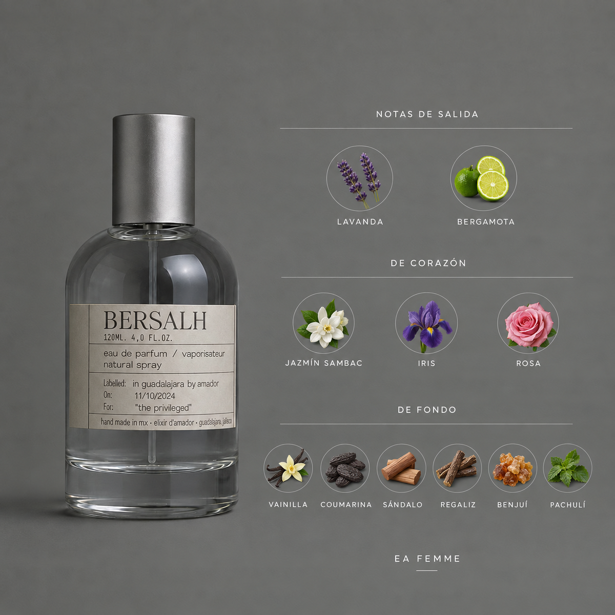 Bersalh de Elixir Amador: infografía de notas olfativas.