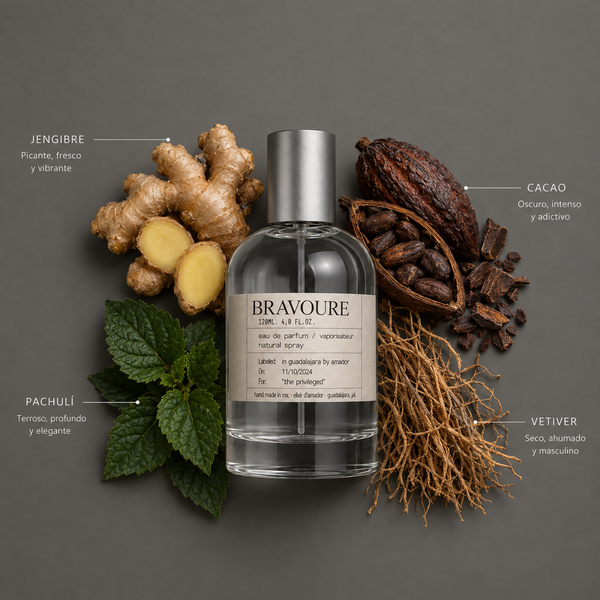 Bravoure de Elixir Amador: frasco de 120 ml con la composición aromática ilustrada.