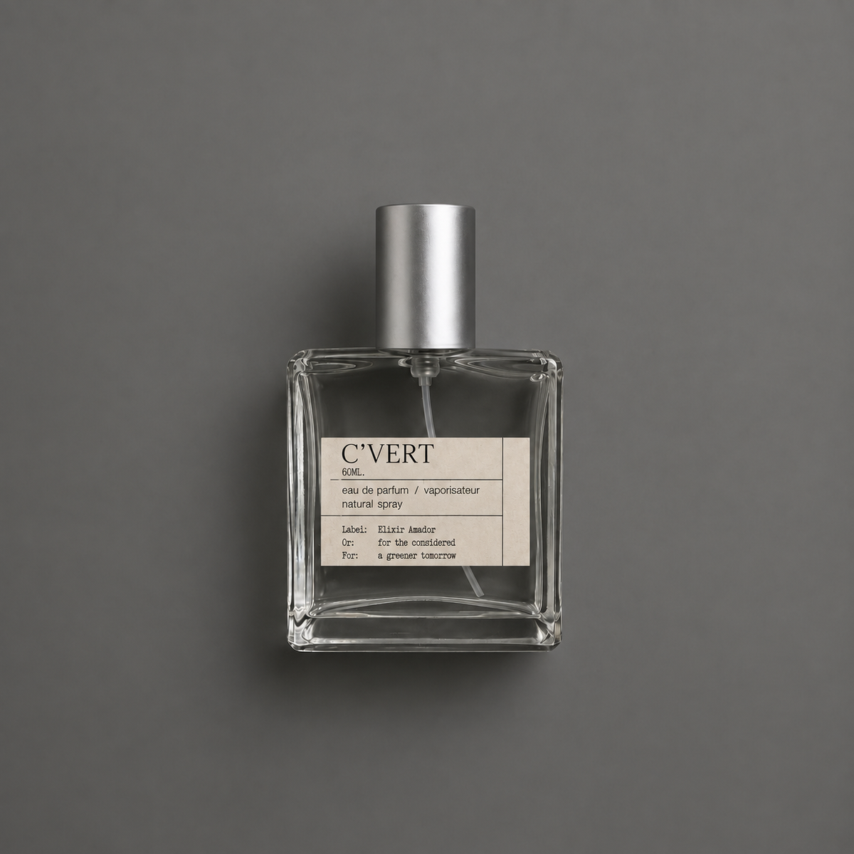 C’Vert de Elixir Amador: frasco cuadrado de 60 ml sobre fondo gris.