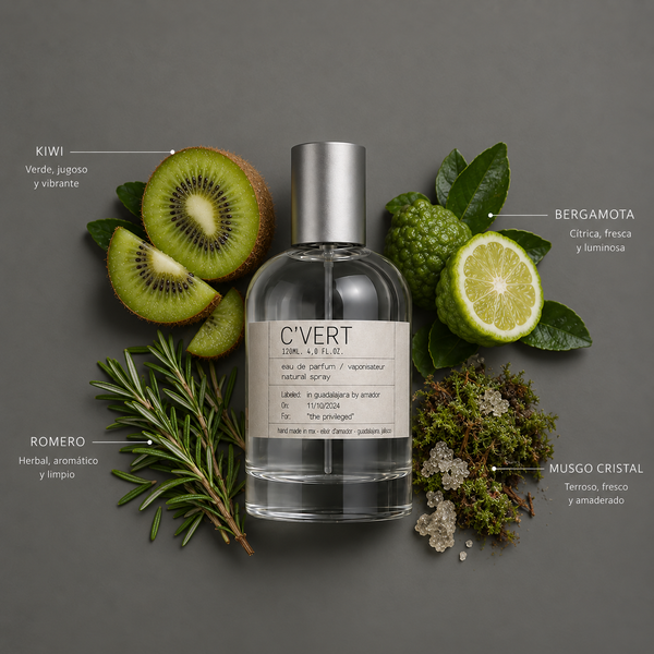 C’Vert de Elixir Amador: frasco de 120 ml con la composición aromática ilustrada.