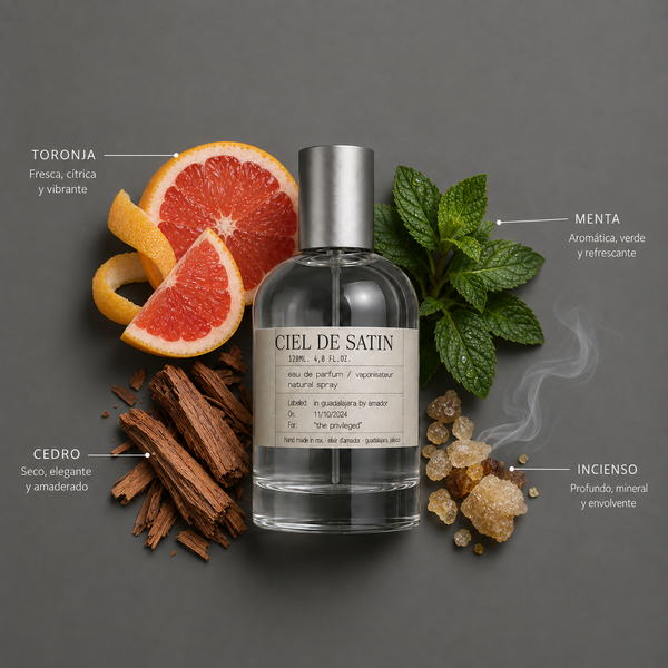 Ciel de Satin de Elixir Amador: frasco de 120 ml con la composición aromática ilustrada.