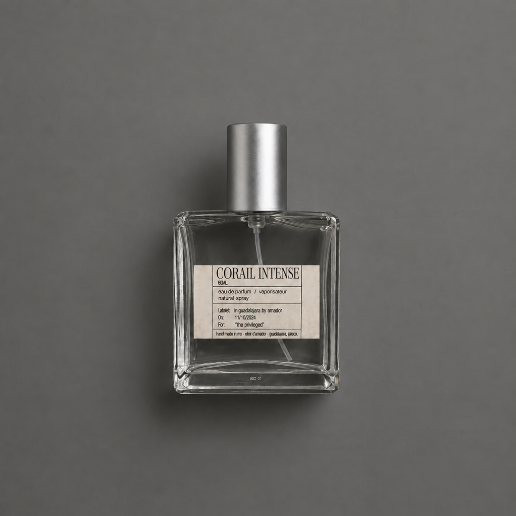Corail Intense de Elixir Amador: frasco cuadrado de 60 ml sobre fondo gris.