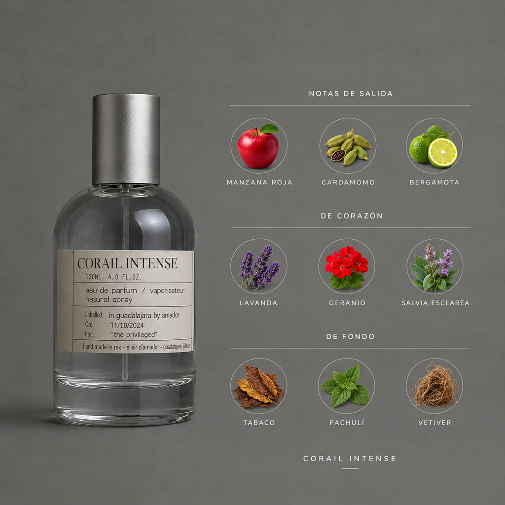 Corail Intense de Elixir Amador: infografía de notas olfativas.