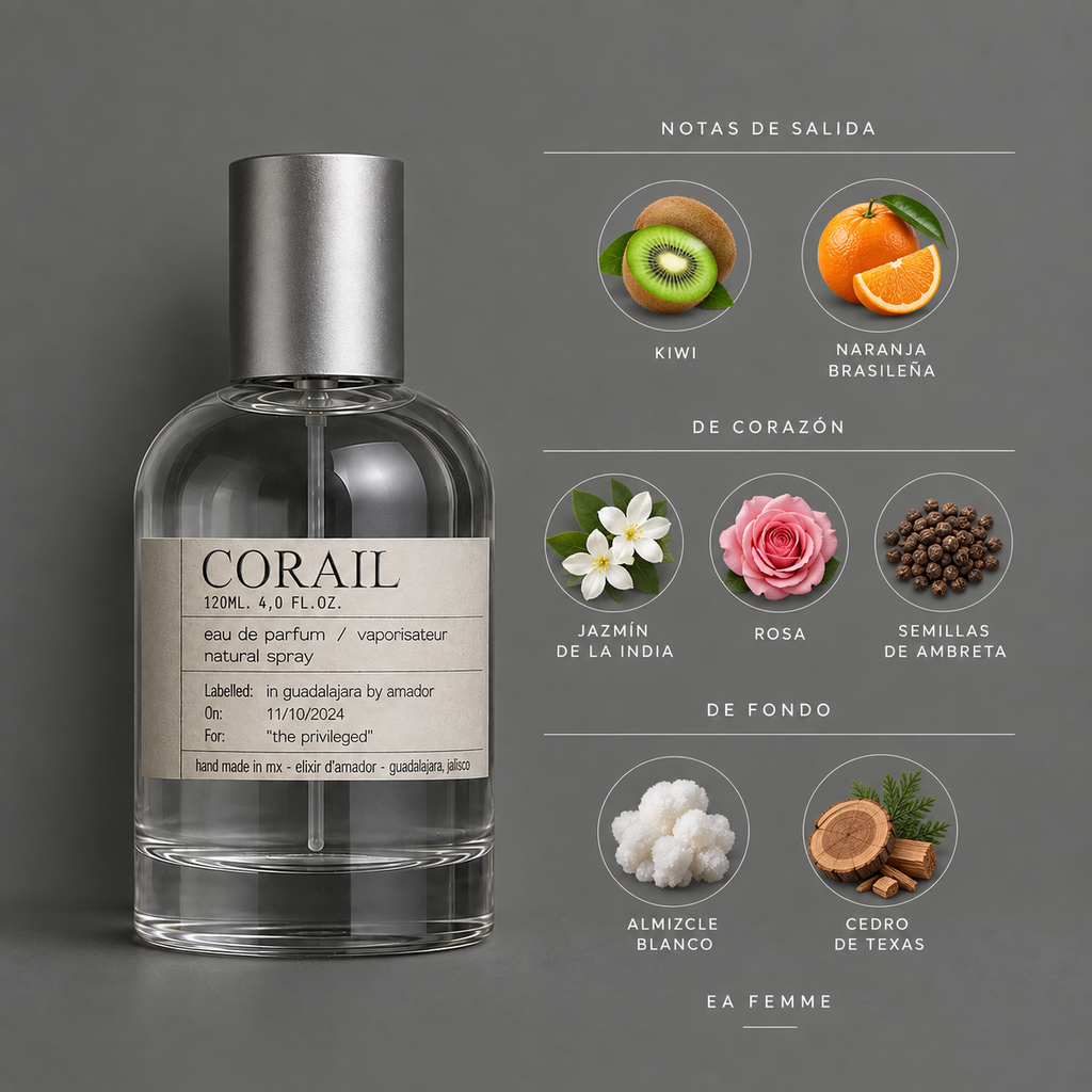 Corail de Elixir Amador: infografía de notas olfativas.
