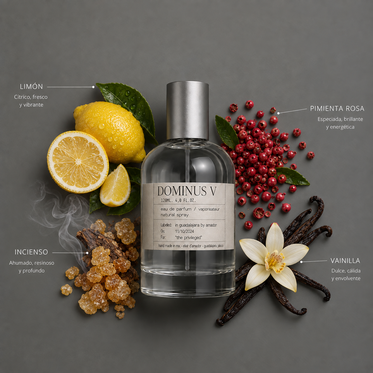 Dominus V de Elixir Amador: frasco de 120 ml con la composición aromática ilustrada.