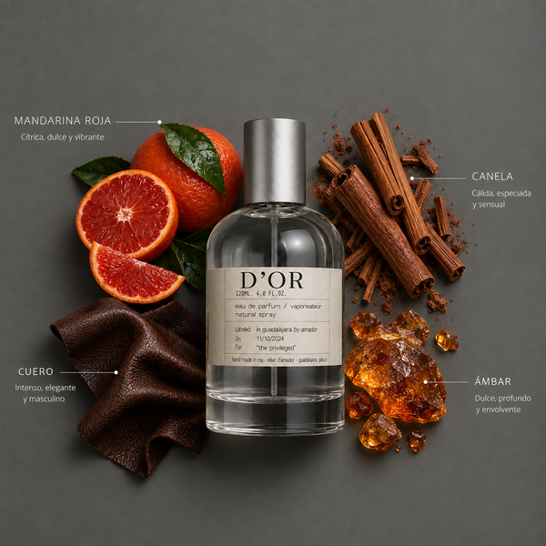 D’Or de Elixir Amador: frasco de 120 ml con la composición aromática ilustrada.