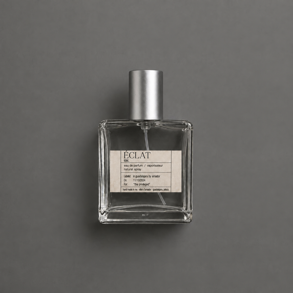 Éclat de Elixir Amador: frasco cuadrado de 60 ml sobre fondo gris.