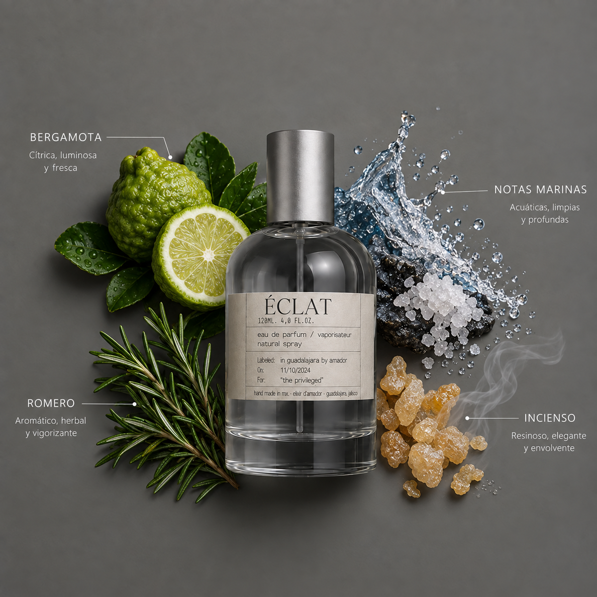 Éclat de Elixir Amador: frasco de 120 ml con la composición aromática ilustrada.