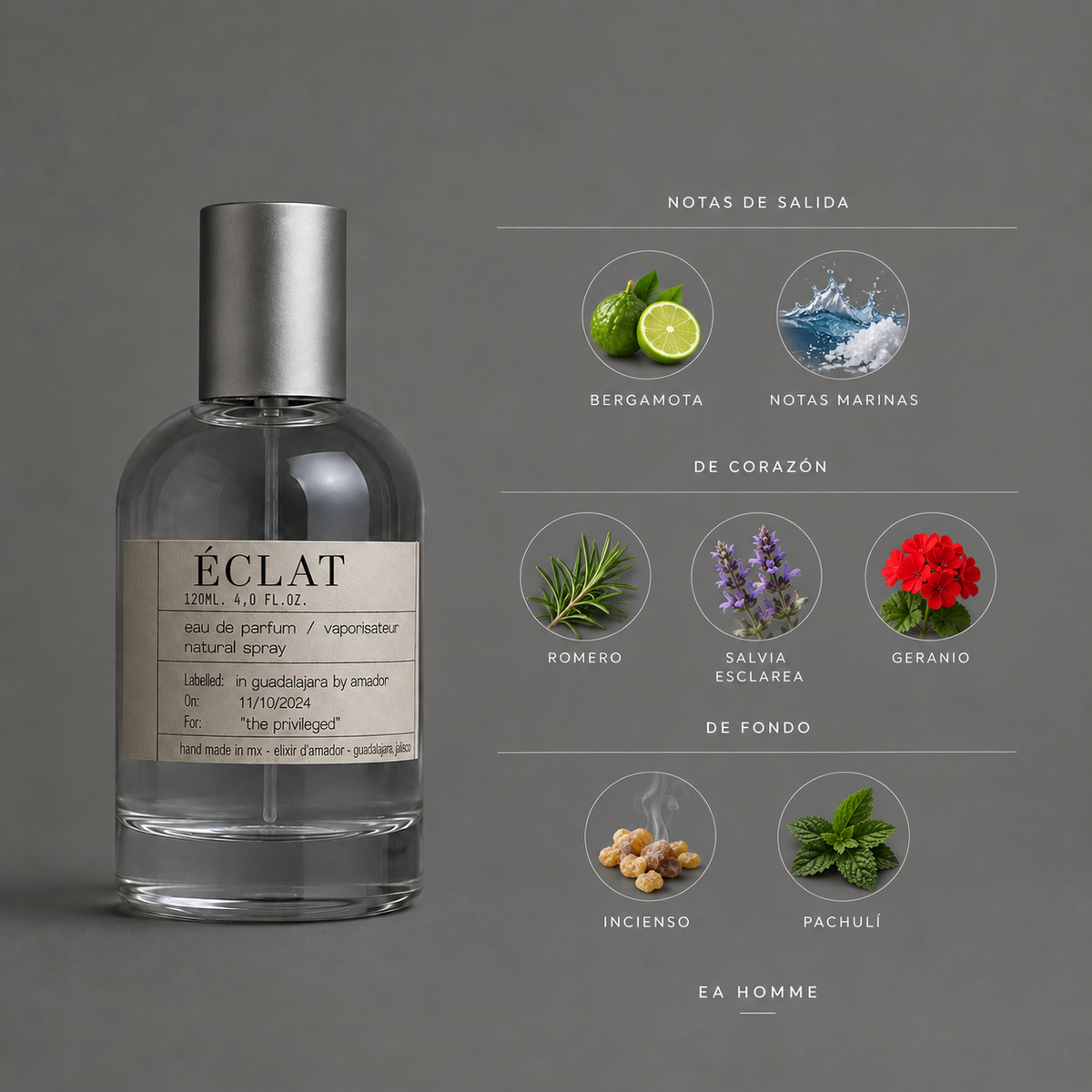 Éclat de Elixir Amador: infografía de notas olfativas.