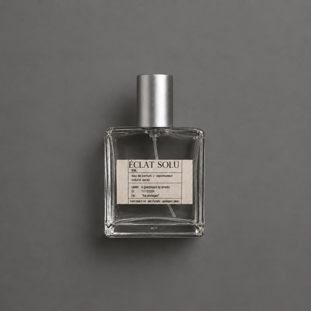 Éclat Solu de Elixir Amador: frasco cuadrado de 60 ml sobre fondo gris.