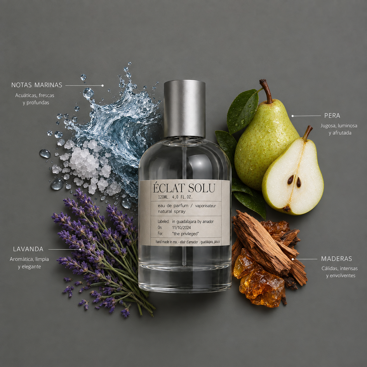 Éclat Solu de Elixir Amador: frasco de 120 ml con la composición aromática ilustrada.