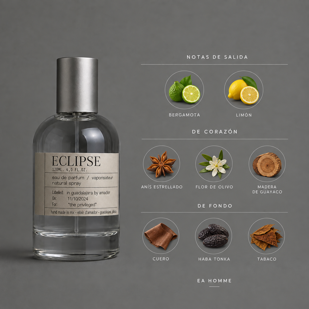 Eclipse de Elixir Amador: infografía de notas olfativas.