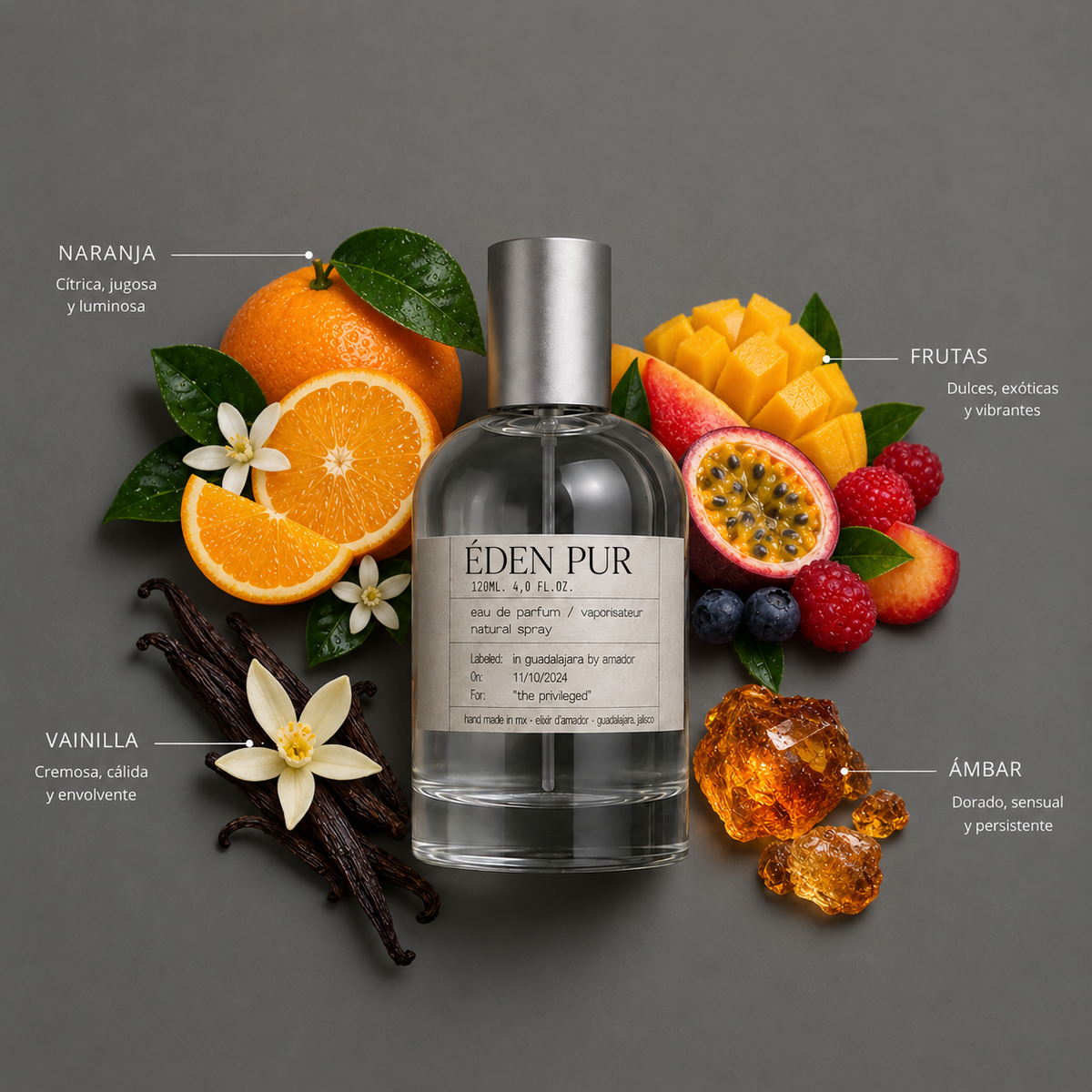 Éden Pur de Elixir Amador: frasco de 120 ml con la composición aromática ilustrada.
