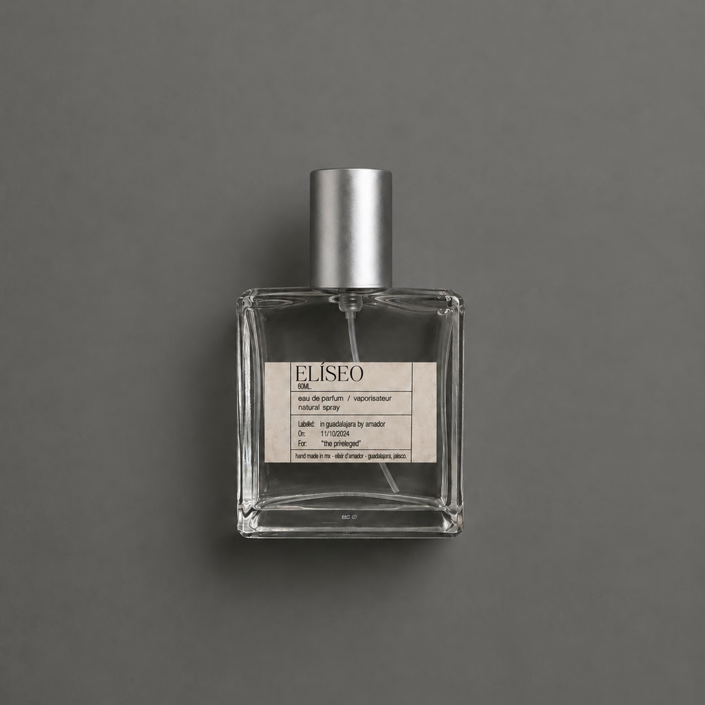 Elíseo de Elixir Amador: frasco cuadrado de 60 ml sobre fondo gris.