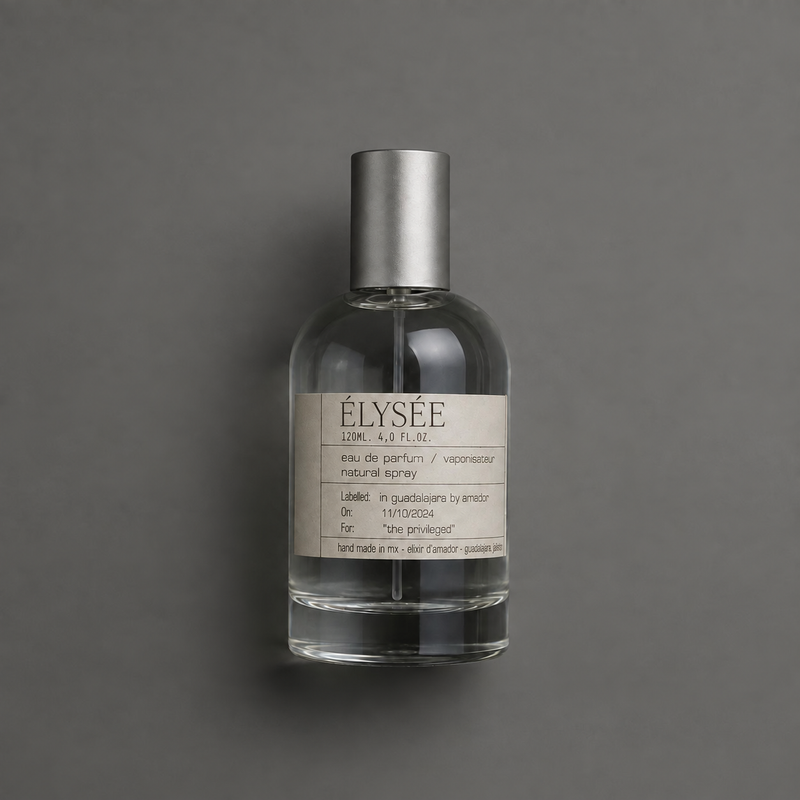 Élysée de Elixir Amador: frasco cilíndrico de 120 ml sobre fondo gris.