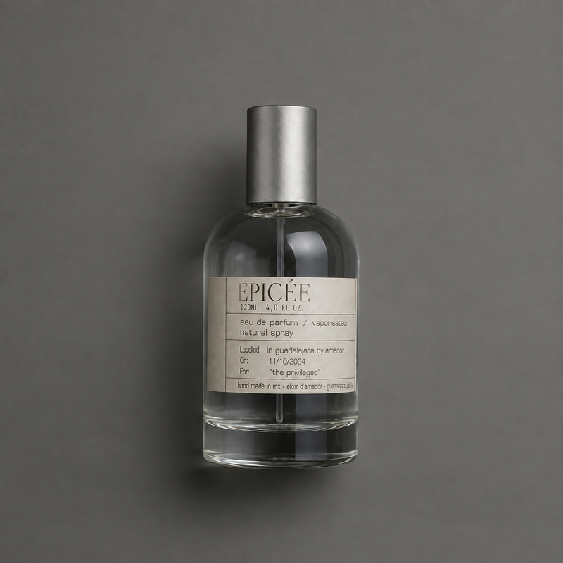 Epicée de Elixir Amador: frasco cilíndrico de 120 ml sobre fondo gris.