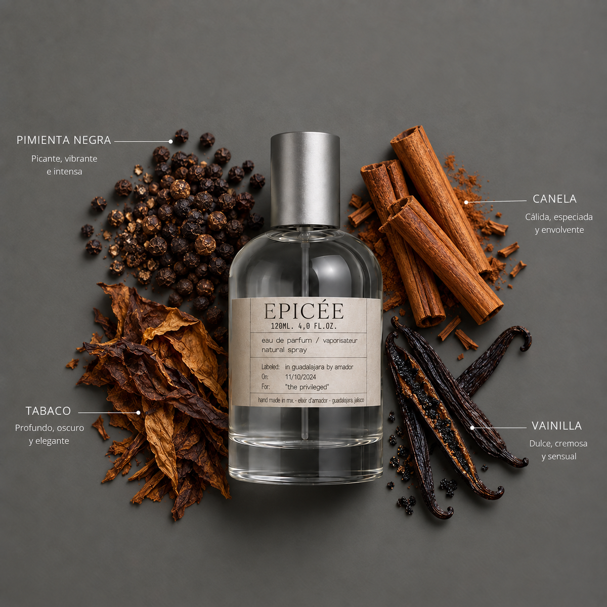 Epicée de Elixir Amador: frasco de 120 ml con la composición aromática ilustrada.