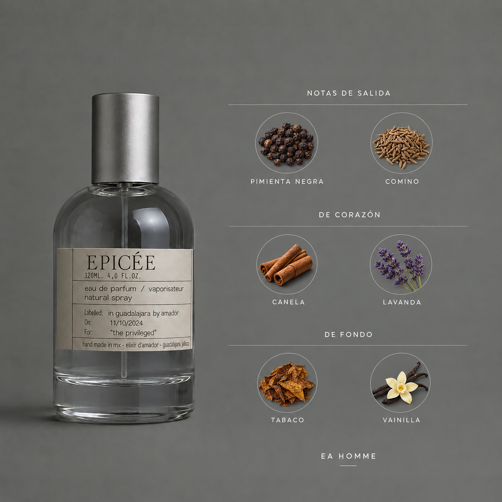 Epicée de Elixir Amador: infografía de notas olfativas.