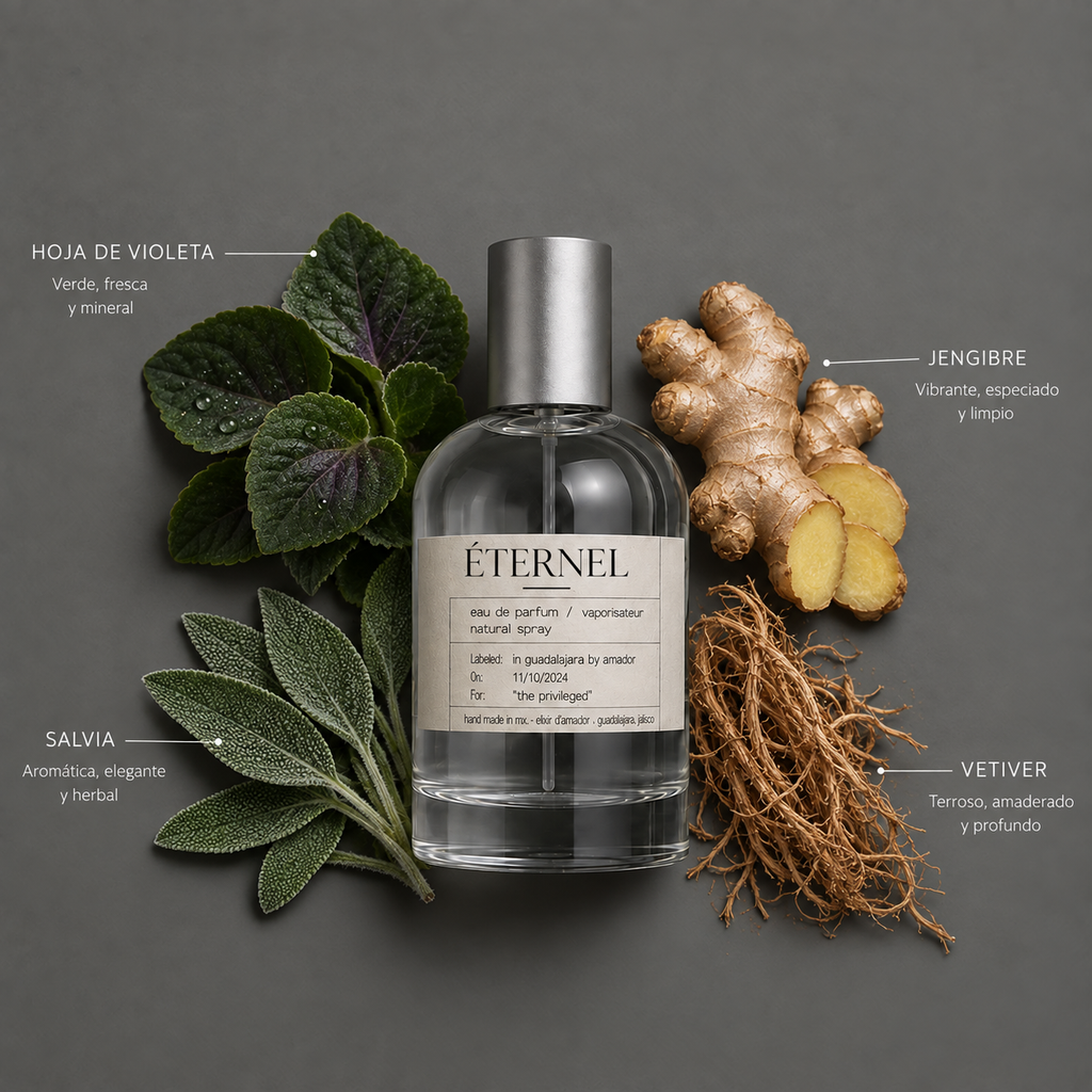 Éternel de Elixir Amador: frasco de 120 ml con la composición aromática ilustrada.