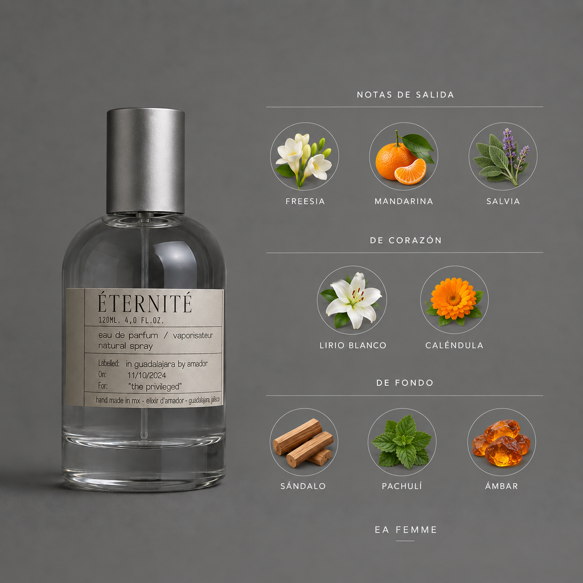 Éternité de Elixir Amador: infografía de notas olfativas.