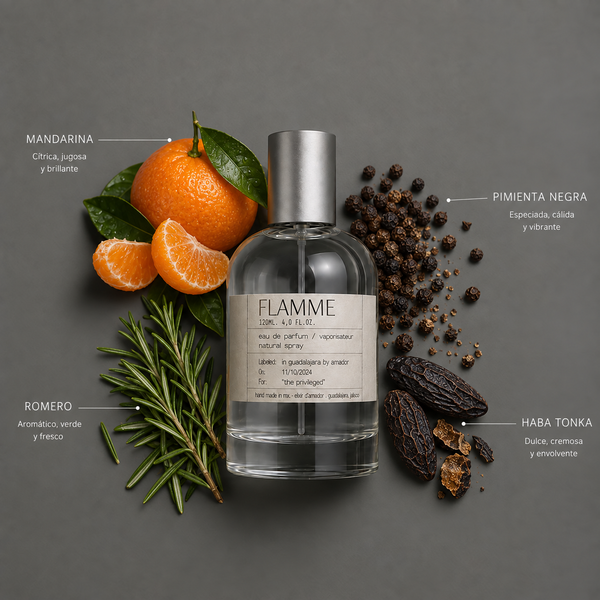 Flamme de Elixir Amador: frasco de 120 ml con la composición aromática ilustrada.