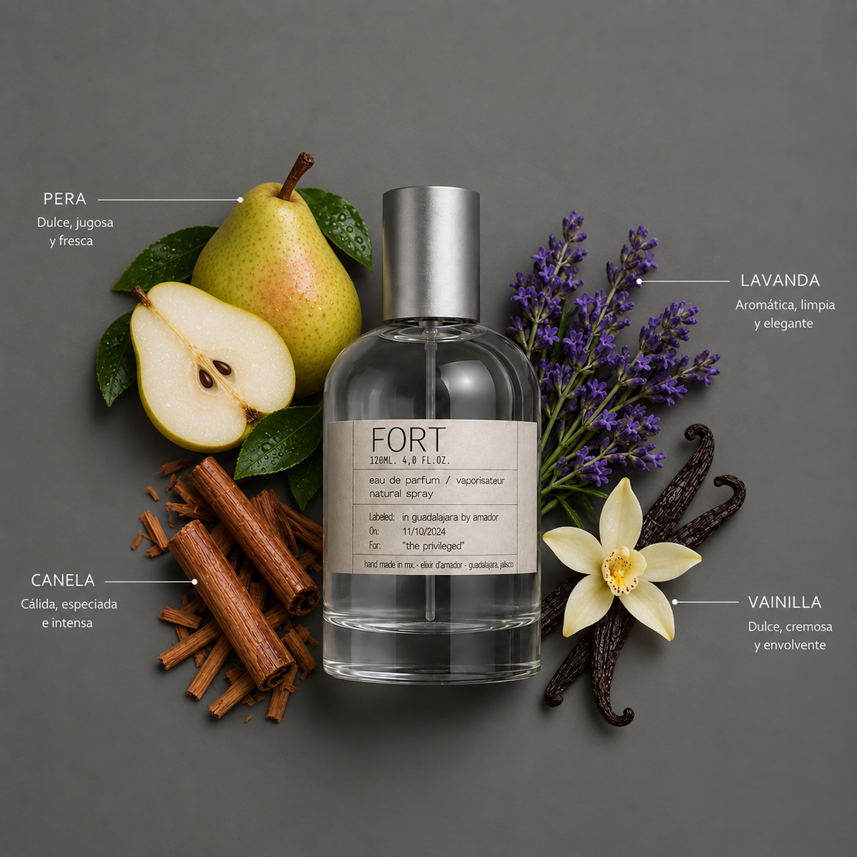 Fort de Elixir Amador: frasco de 120 ml con la composición aromática ilustrada.