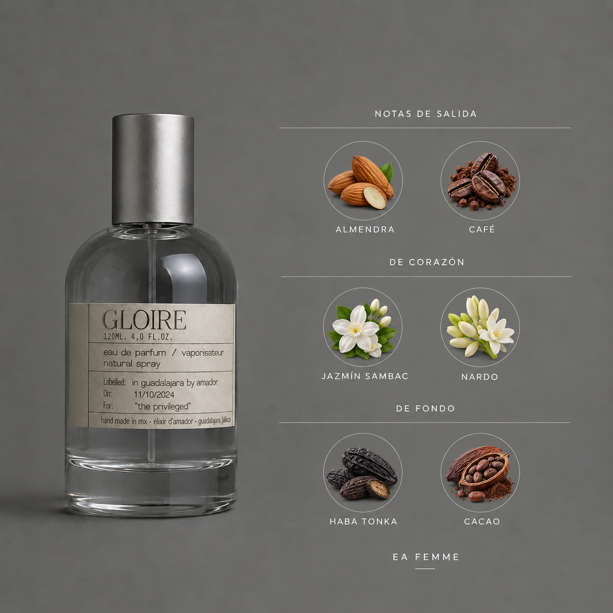 Gloire de Elixir Amador: infografía de notas olfativas.