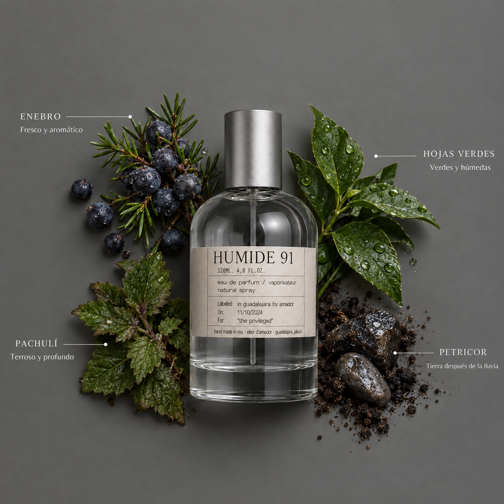 Humide 91 de Elixir Amador: frasco de 120 ml con la composición aromática ilustrada.