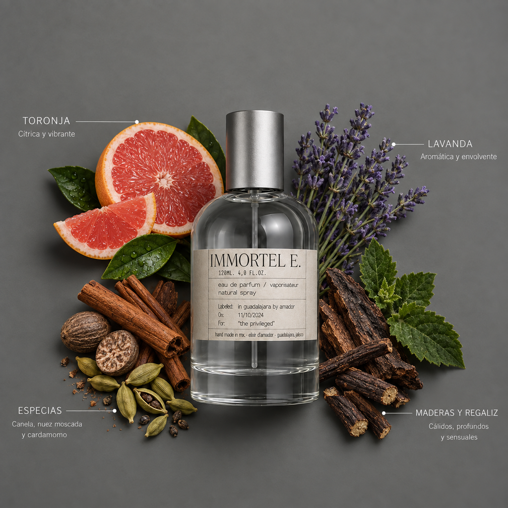 Immortel E. de Elixir Amador: frasco de 120 ml con la composición aromática ilustrada.