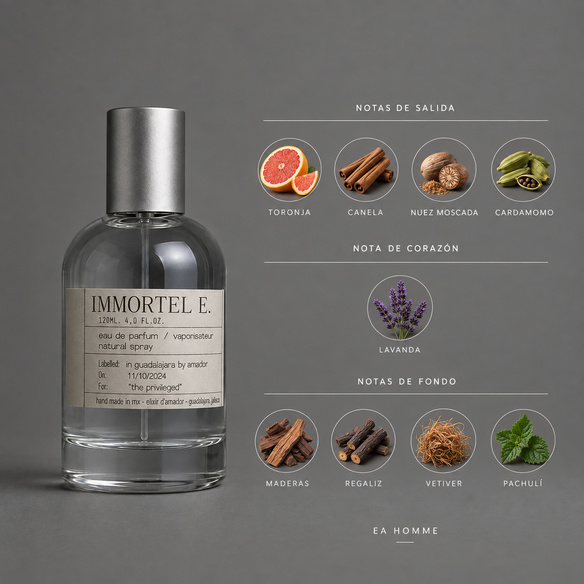 Immortel E. de Elixir Amador: infografía de notas olfativas.