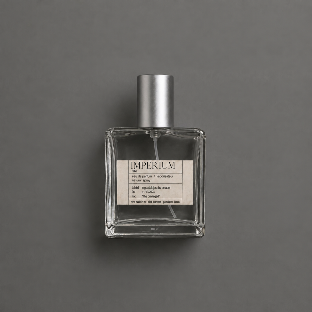 Imperium de Elixir Amador: frasco cuadrado de 60 ml sobre fondo gris.