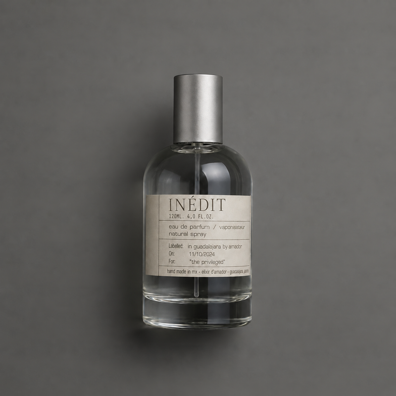 Inédit de Elixir Amador: frasco cilíndrico de 120 ml sobre fondo gris.