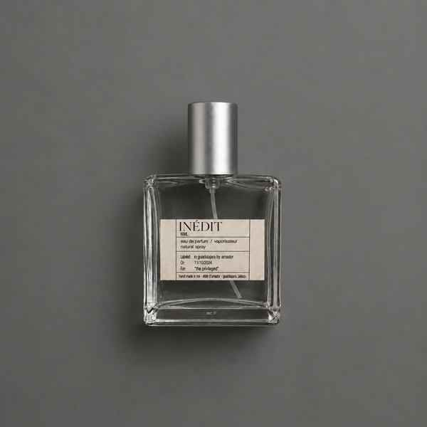 Inédit de Elixir Amador: frasco cuadrado de 60 ml sobre fondo gris.