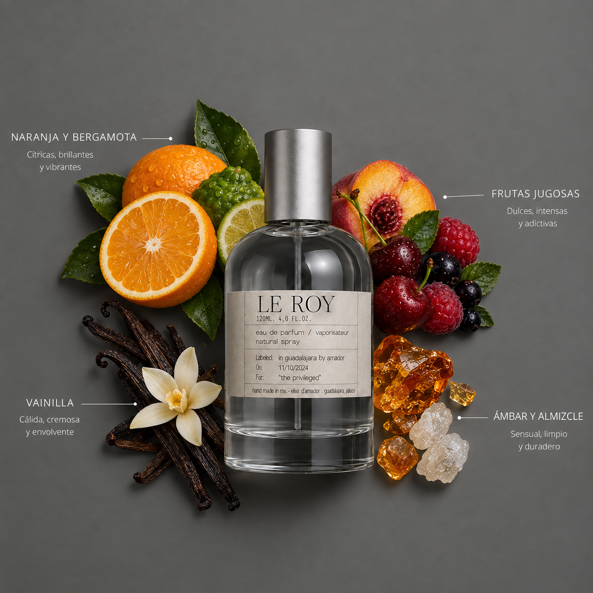 Le Roy de Elixir Amador: frasco de 120 ml con la composición aromática ilustrada.