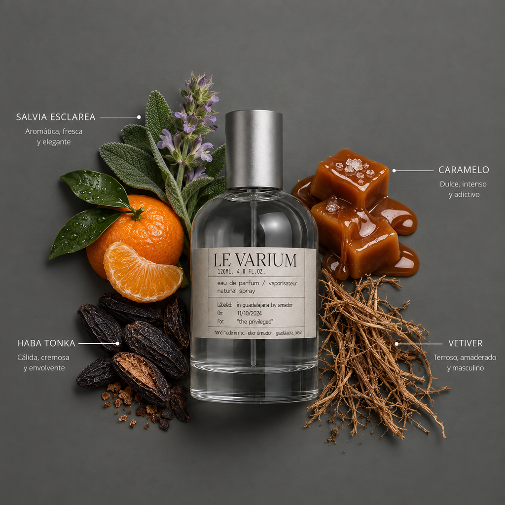 Le Varium de Elixir Amador: frasco de 120 ml con la composición aromática ilustrada.
