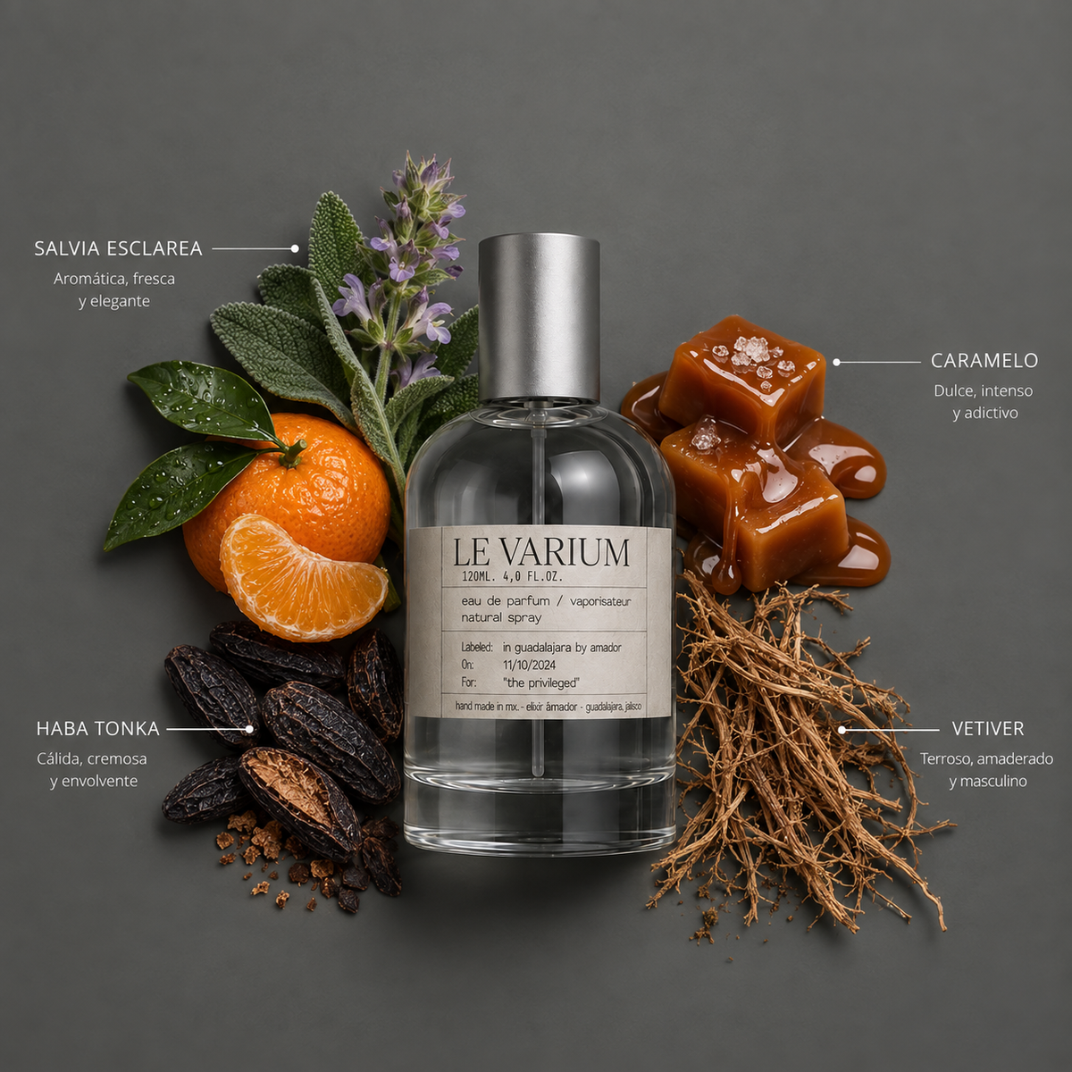 Le Varium de Elixir Amador: frasco de 120 ml con la composición aromática ilustrada.